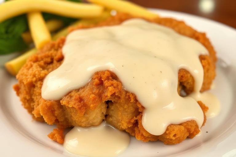 Hand-battered country fried sirloin steak topped with cream gravy, crispy golden crust. 600x340.