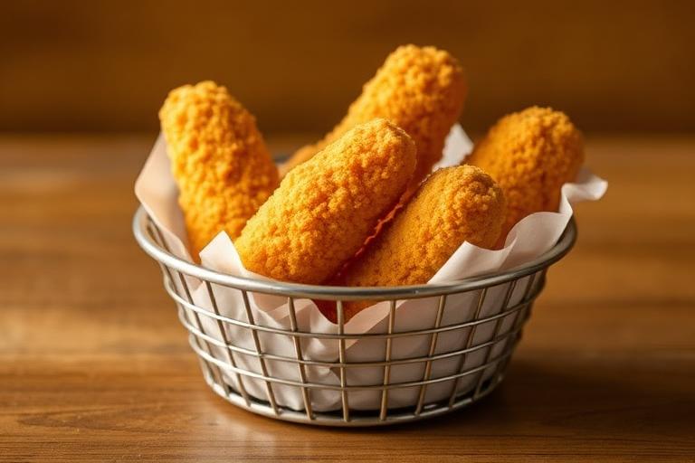 Small basket of golden junior chicken tenders with a kid side. 600x340.