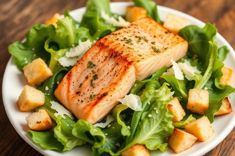 Caesar salad topped with grilled salmon, romaine, parmesan and croutons. 600x340.