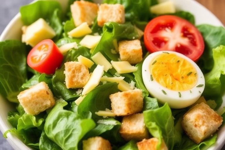 Simple house salad with greens, cheddar, tomato, egg and croutons in a bowl. 600x340.