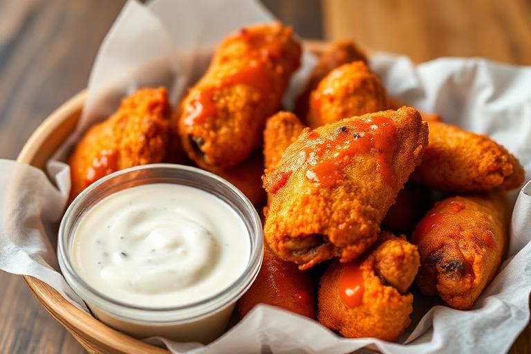 Basket of breaded boneless buffalo wings glazed in buffalo sauce with a cup of bleu cheese dressing, appetizing. 600x340
