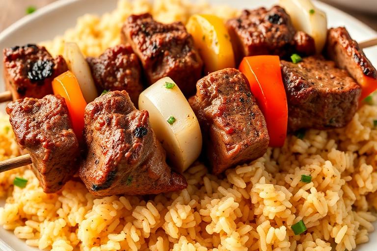 Steak kabob skewers with marinated beef, peppers, onion and mushroom over a bed of seasoned rice. 600x340.