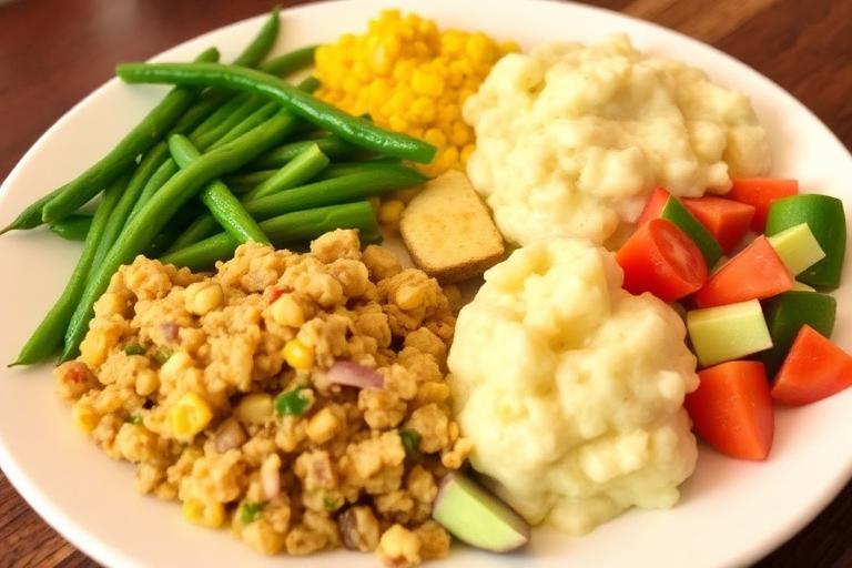 Vegetable plate with four colorful side dishes — green beans, corn, mashed potatoes, salad. 600x340.