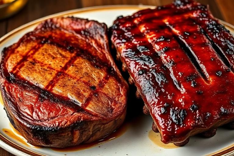 Marbled 12oz ribeye next to a rack of BBQ ribs, indulgent meat-lover combo plate. 600x340.