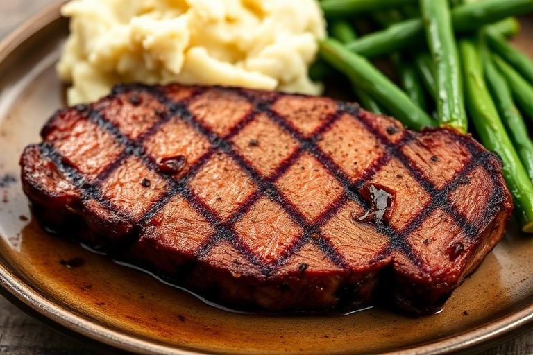 Juicy grilled hand-cut sirloin steak with visible grill marks on a rustic plate beside mashed potatoes and green beans. 