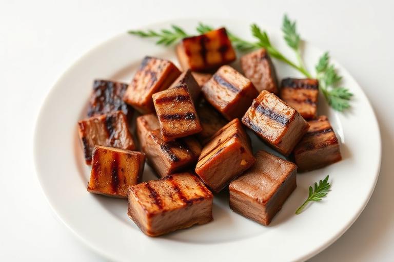 Small plate of grilled bite-sized steak pieces for kids. 600x340.