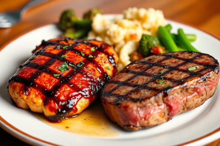 Combo plate with a BBQ-glazed grilled chicken breast and a sirloin steak, two sides, hearty. 600x340.