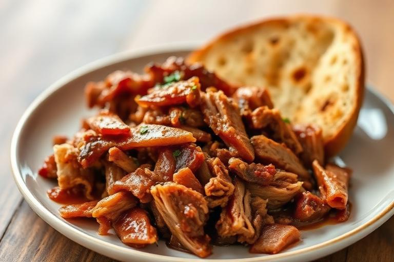 Plate of slow-cooked BBQ pulled pork with toasted bread, smoky and saucy. 600x340.