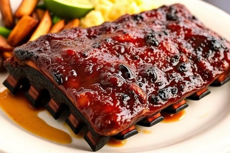 Half slab of glossy BBQ baby back ribs on a plate with two sides, smoky glaze, appetizing. 600x340.
