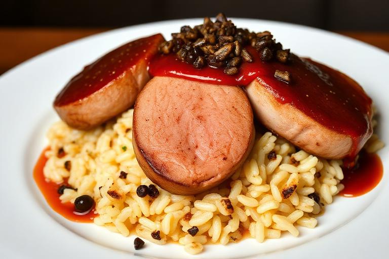 Three round filet medallions over seasoned rice topped with peppercorn sauce, elegant plating. 600x340.