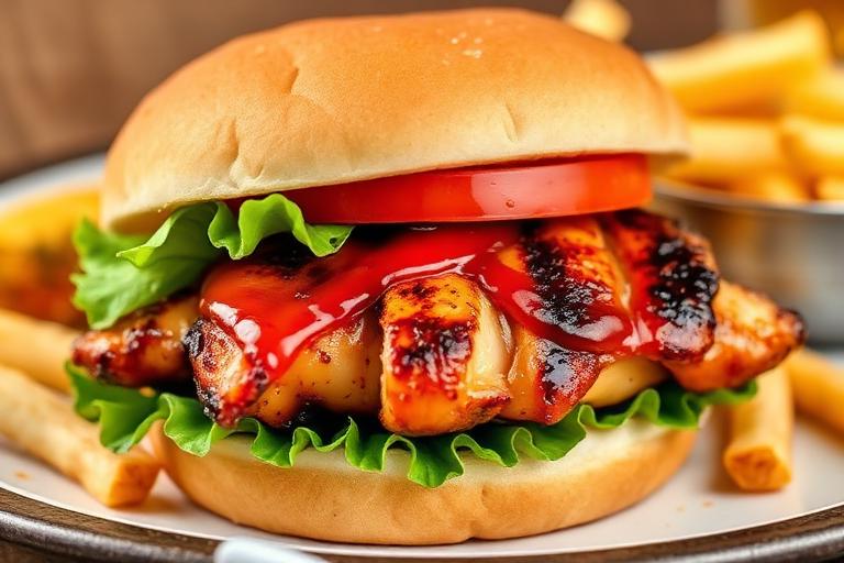 Grilled BBQ chicken sandwich with lettuce and tomato on a bun, fries on the side. 600x340.