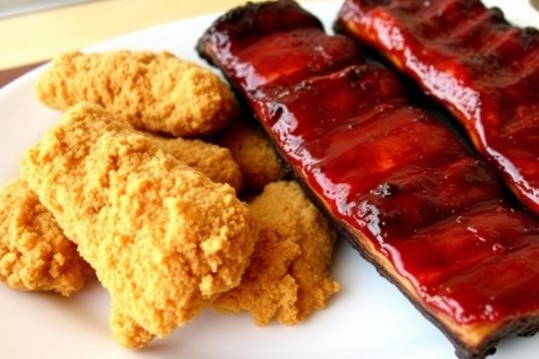Plate of golden fried chicken tenders next to a portion of BBQ ribs, combo presentation. 600x340.