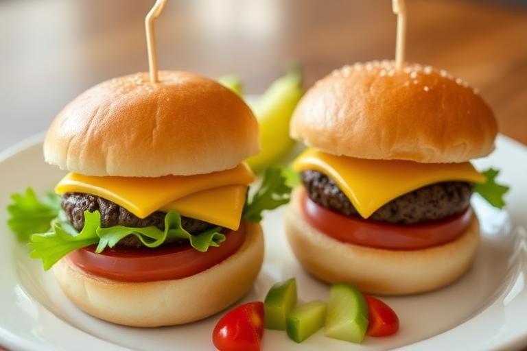 Two mini cheeseburgers on small soft buns, kid-friendly plating with a small side. 600x340.