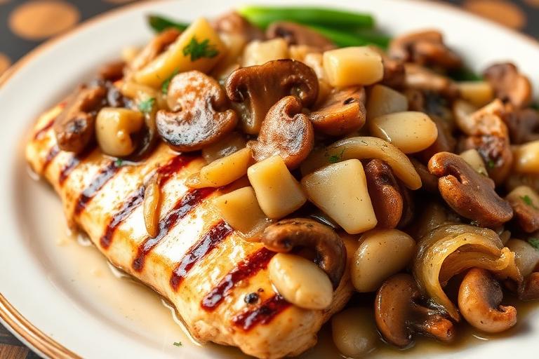Grilled chicken breast smothered with sautéed onions, mushrooms and melted jack cheese, hearty plate. 600x340.