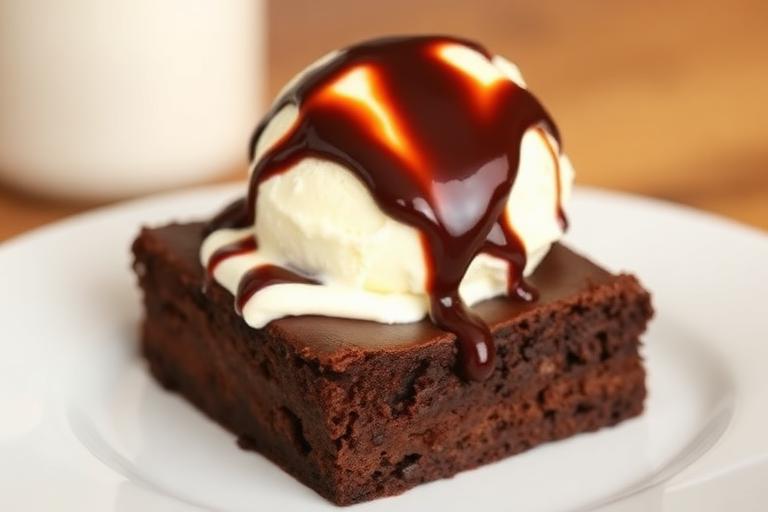 Big warm chocolate brownie topped with vanilla ice cream and hot fudge, indulgent. 600x340.
