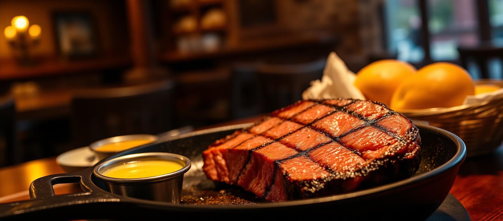 A wide cinematic photograph of a sizzling hand-cut ribeye steak on a cast-iron skillet at a rustic American steakhouse, 