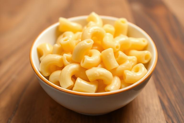 Kid bowl of creamy macaroni and cheese, cheesy and inviting. 600x340.