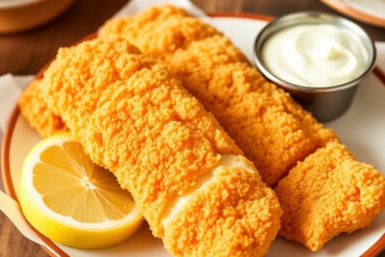 Golden cornmeal-breaded fried catfish fillets with a lemon wedge and tartar sauce, southern style. 600x340.