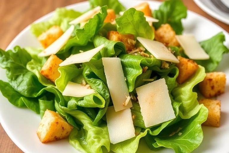 Classic caesar salad with crisp romaine, shaved parmesan and croutons. 600x340.