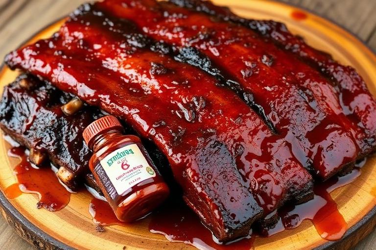 Full rack of fall-off-the-bone BBQ ribs glistening with sauce on a rustic platter, hero shot. 600x340.