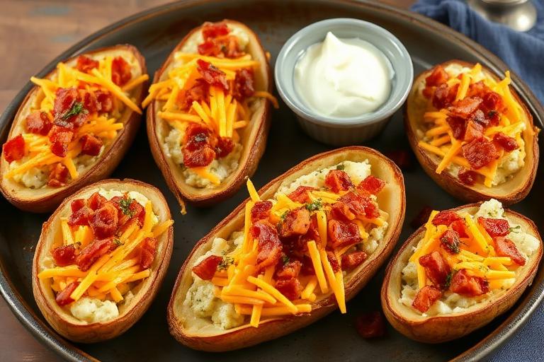 Eight loaded baked potato skins topped with melted cheddar and bacon bits, small dish of sour cream, rustic plate. 600x3