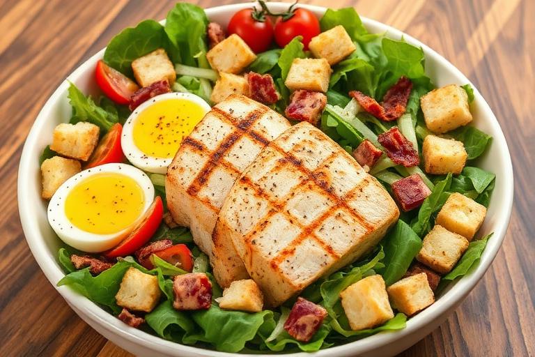 Grilled chicken salad with greens, jack cheese, egg, tomato, bacon and croutons in a wide bowl. 600x340.