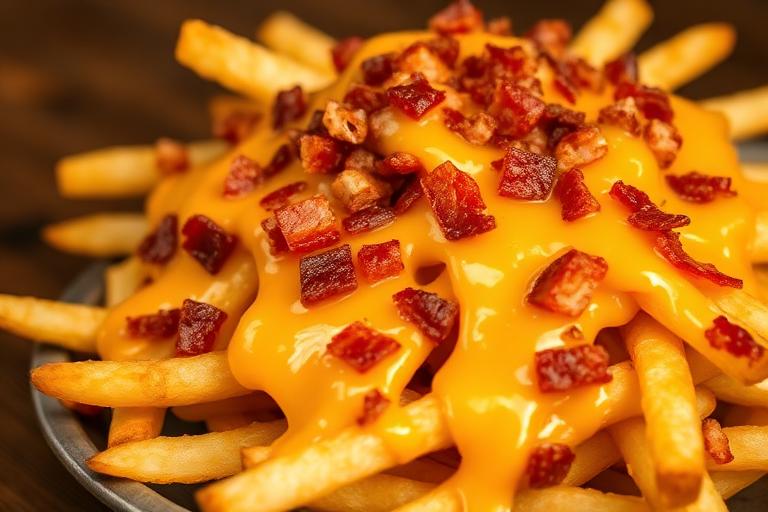 Heaping plate of golden steak fries smothered in melted cheddar cheese and bacon bits, indulgent close-up. 600x340.