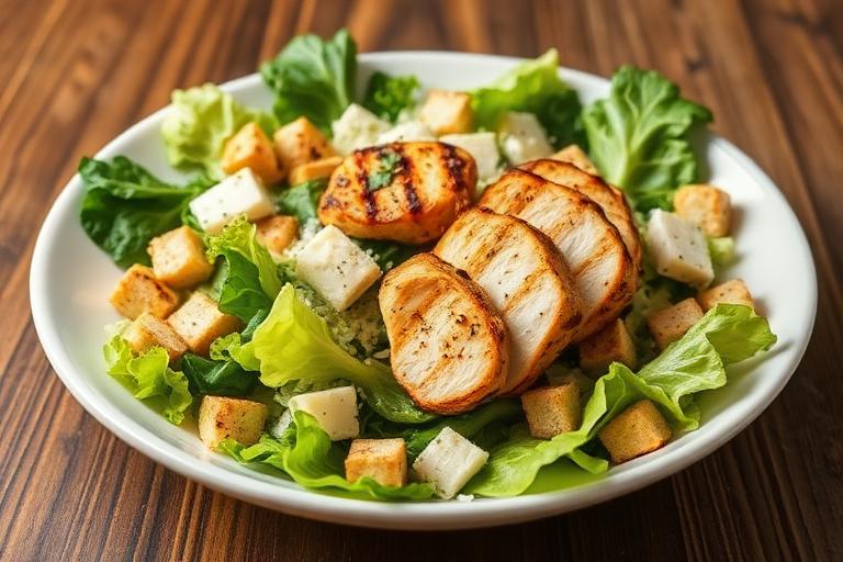 Chicken caesar salad with romaine, parmesan, croutons and grilled chicken strips. 600x340.