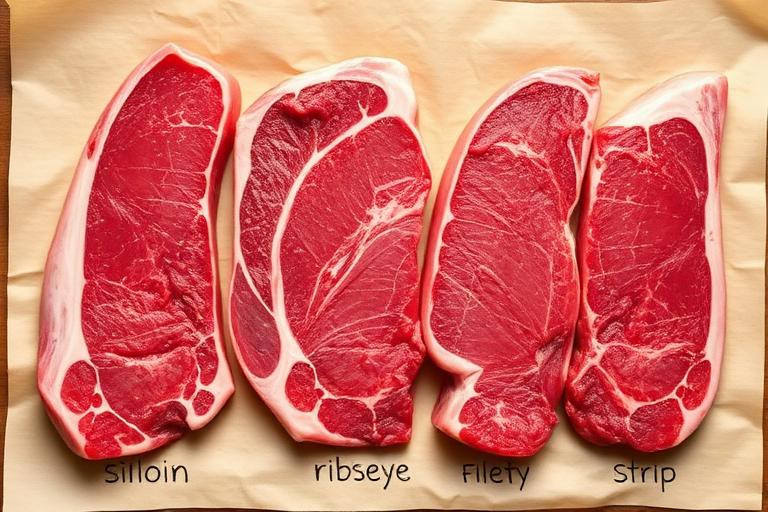 Side-by-side raw steak cuts — sirloin, ribeye, filet, strip — labeled on butcher paper, educational butcher-shop styling