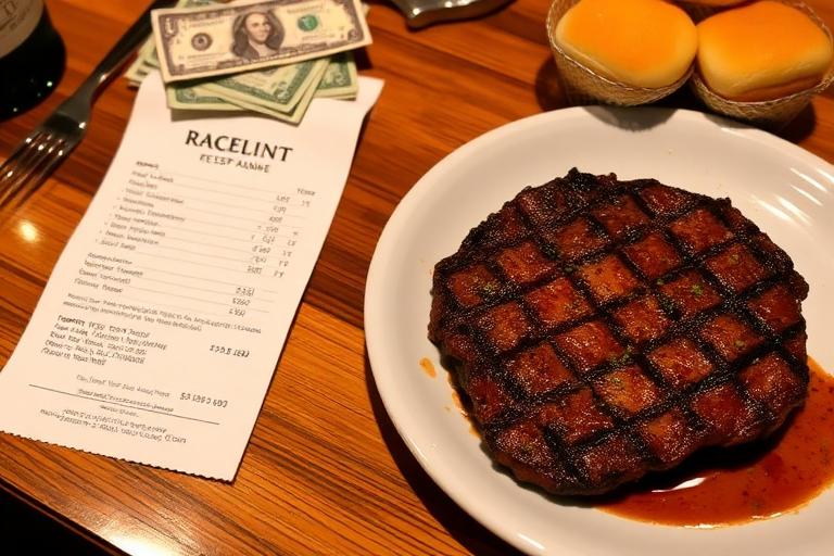 A restaurant receipt, a few dollar bills and a partially eaten steak dinner with rolls on a wooden table, warm tones, co