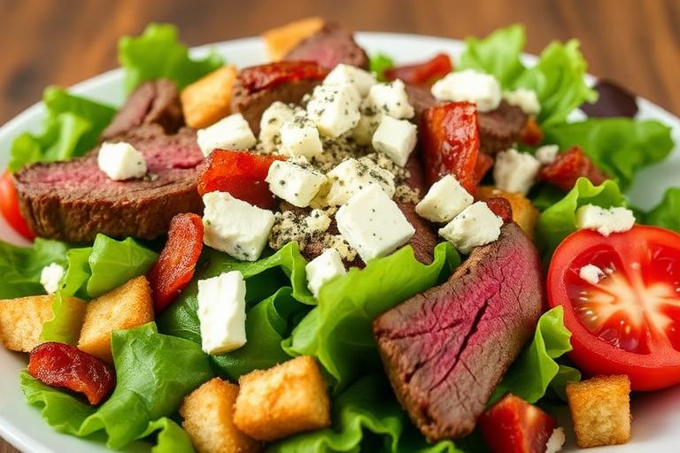 Salad with tender filet steak strips, bleu cheese crumbles, bacon, tomato and croutons. 600x340.