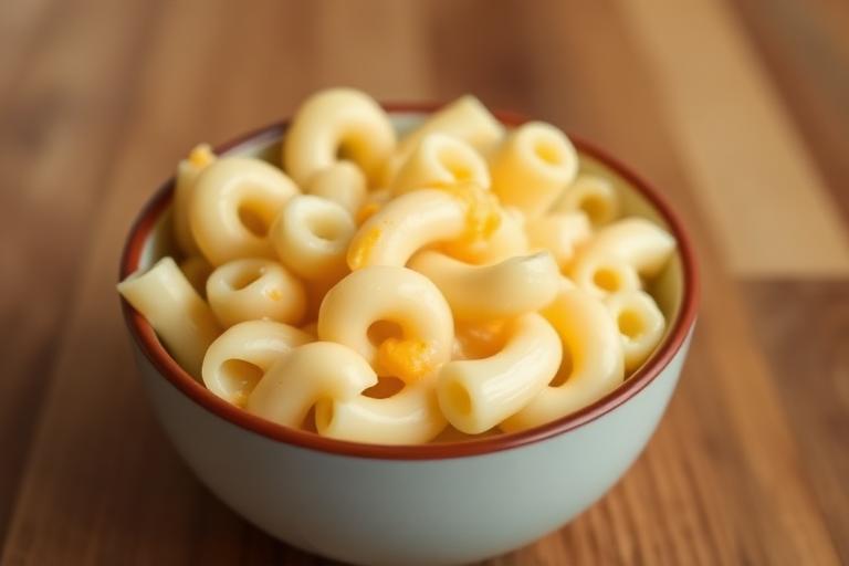Kid-sized bowl of creamy macaroni and cheese, cheesy and inviting. 600x340.
