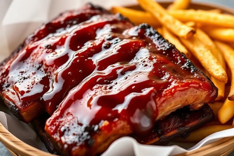Basket of glossy BBQ-glazed pork ribs with a side of steak fries, smoky and appetizing. 600x340.