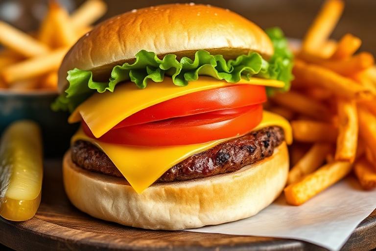 Classic cheeseburger with American cheese, lettuce, tomato on a big bun with steak fries and pickle. 600x340.