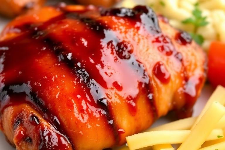 Grilled BBQ chicken breast glazed in barbecue sauce with two sides, glossy and appetizing. 600x340.