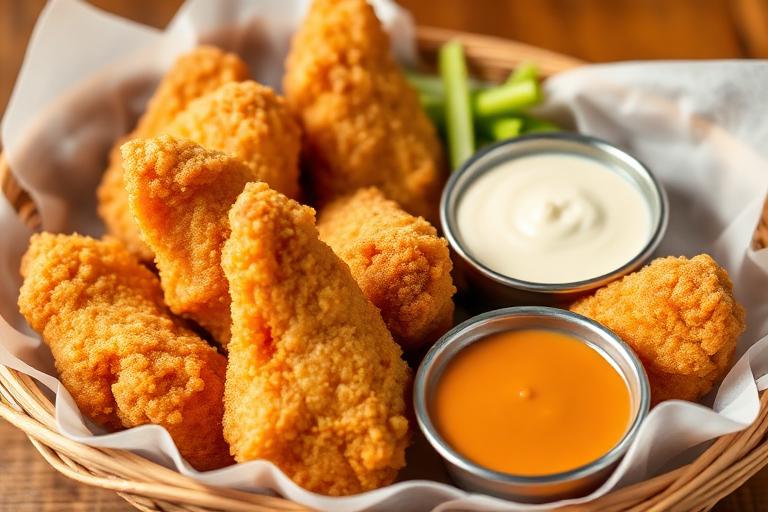 Basket of crispy golden chicken tenders with dipping sauces, lightly battered. 600x340.