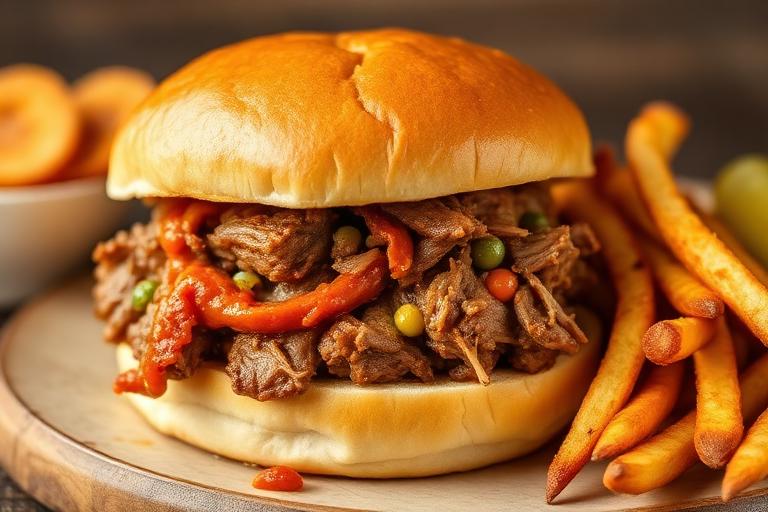 Pulled pork sandwich on a big bun with steak fries and pickle, saucy. 600x340.