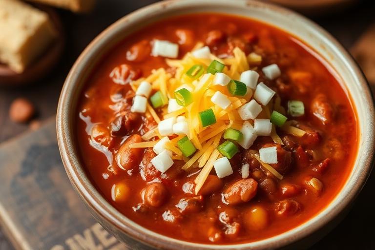 Bowl of hearty Texas red chili topped with shredded cheddar and diced onions, no beans, warm rustic setting. 600x340.