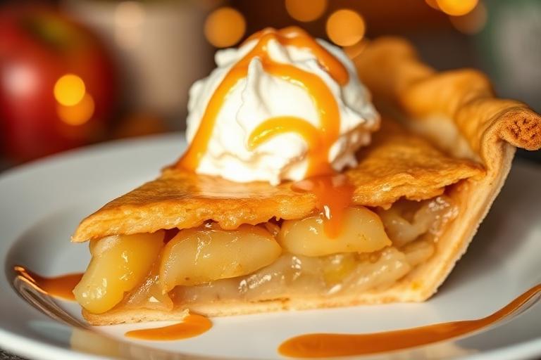 Warm slice of apple pie topped with vanilla ice cream and caramel drizzle, cozy lighting. 600x340.