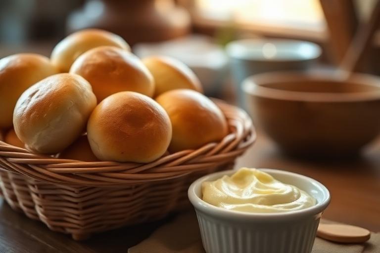 Basket of warm golden dinner rolls beside a ramekin of whipped honey cinnamon butter, cozy home-kitchen lighting. 700x40