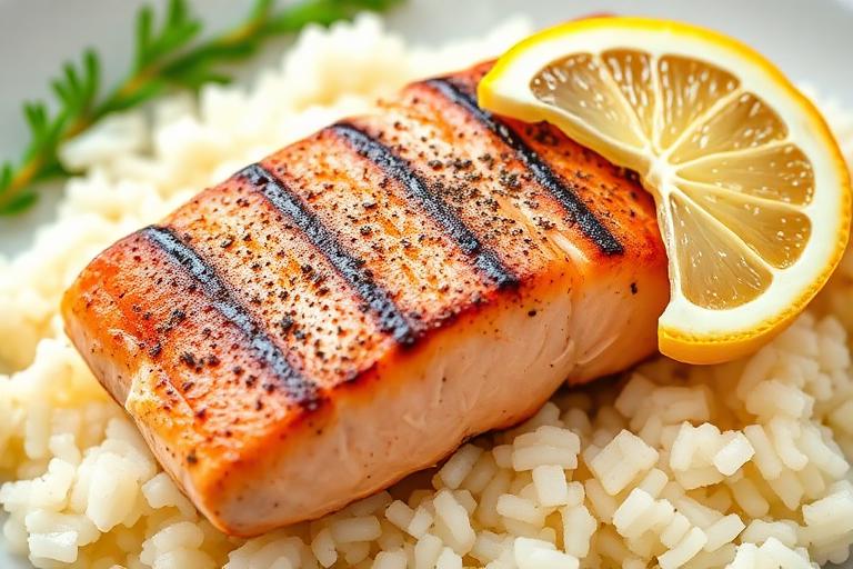 Grilled salmon fillet with lemon pepper butter and a wedge of lemon, over rice, fresh and bright. 600x340.