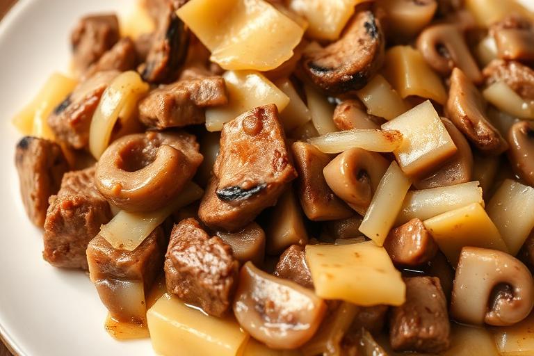 Chopped steak smothered in sautéed onions, mushrooms and melted jack cheese on a plate, comfort-food close-up. 600x340.