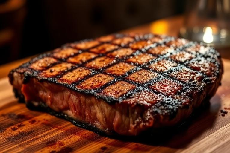 Grilled New York strip steak, charred crust, resting on a wooden board, steakhouse lighting. 600x340.
