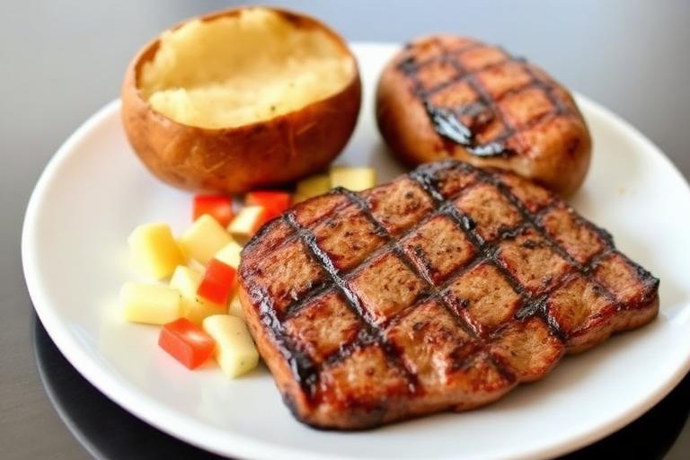A plain grilled steak with steamed vegetables and a baked potato on a plate, clean and health-conscious presentation. 70