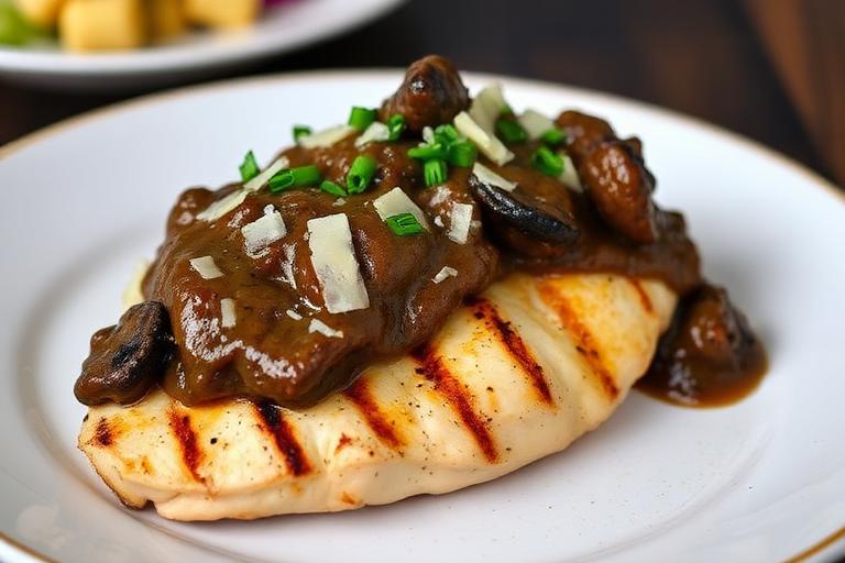 Grilled chicken breast topped with portobello mushroom sauce, jack and parmesan cheese, rich plating. 600x340.