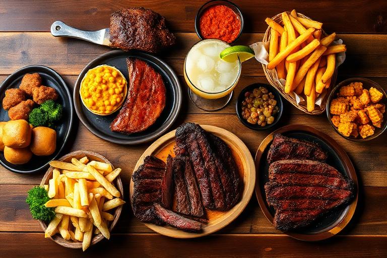 Overhead hero spread of Texas Roadhouse favorites — a ribeye, a rack of ribs, a basket of rolls, loaded sides and a marg