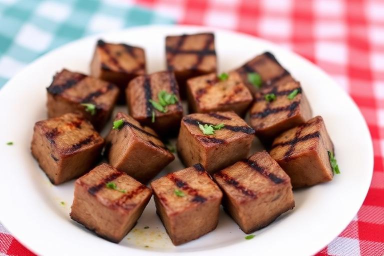 Small plate of grilled steak bites for kids, bite-sized pieces. 600x340.