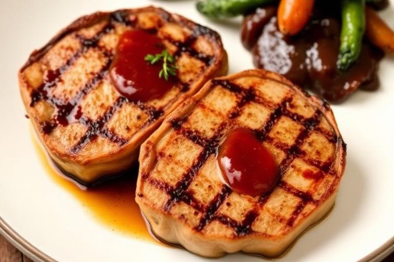 Two grilled boneless pork chops with peppercorn sauce and a side, tender and juicy. 600x340.