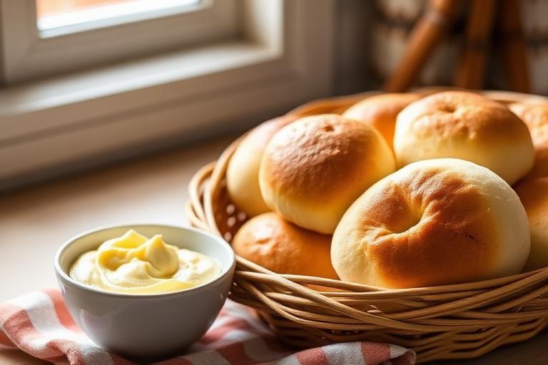A basket of warm golden homemade dinner rolls beside a small bowl of whipped honey cinnamon butter, soft natural kitchen