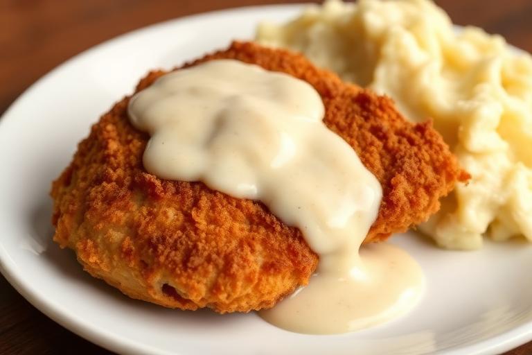 Country fried chicken breast topped with cream gravy beside mashed potatoes, golden crust, comfort food. 600x340.